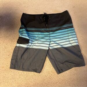 O’neill  Men's Striped Swim Shorts - Black, Blue, and Gray Size 32